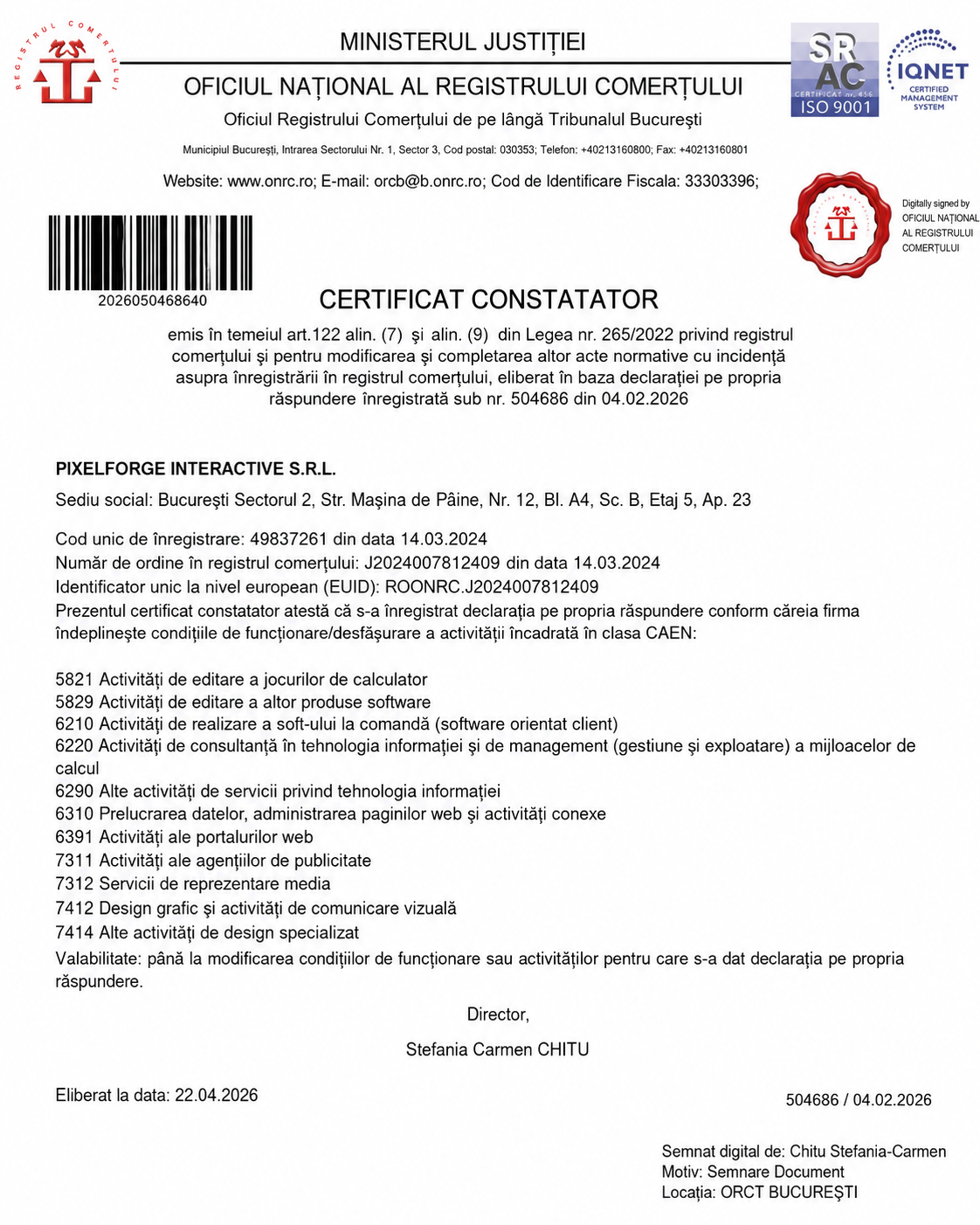 Exemplu certificat constatator ONRC pentru SRL cu coduri CAEN