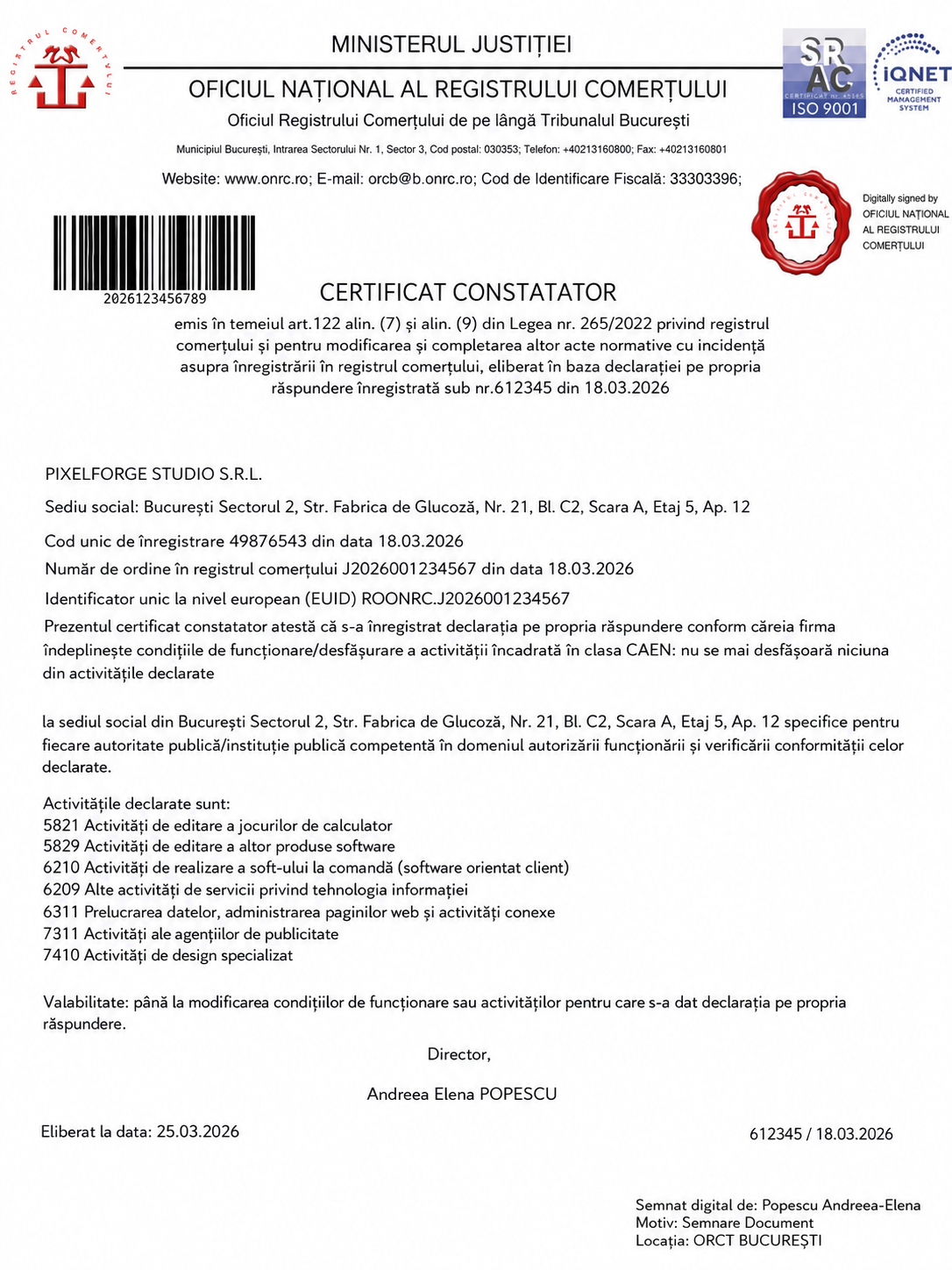 Al doilea exemplu de certificat constatator ONRC pentru SRL