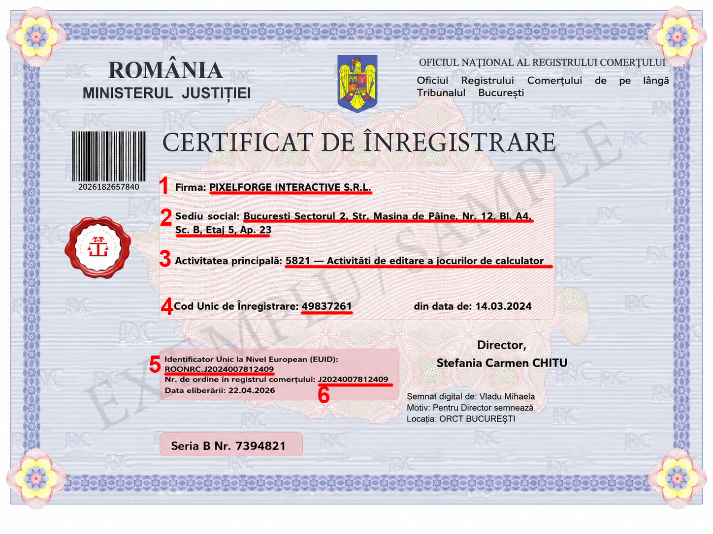 Exemplu de Certificat de Înregistrare cu CUI și numărul J