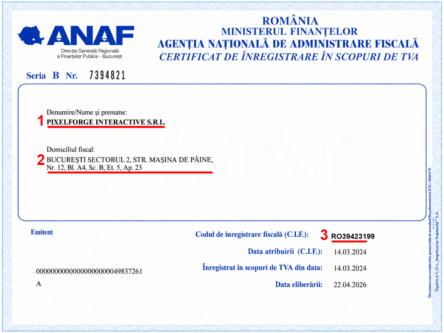 Certificat de înregistrare în scopuri de TVA cu cod RO