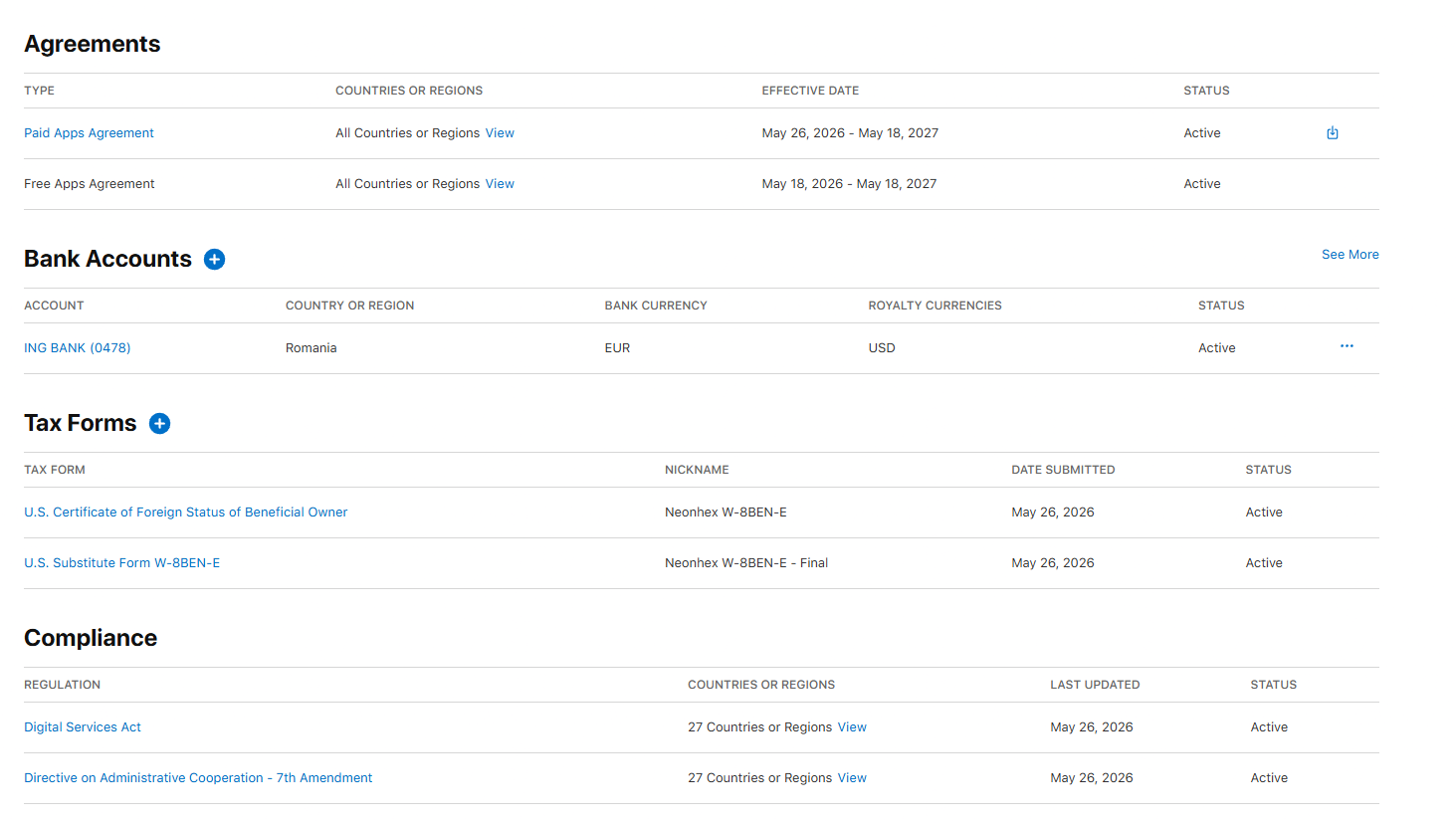 Pagina Business din App Store Connect cu acorduri, conturi bancare, formulare fiscale și compliance