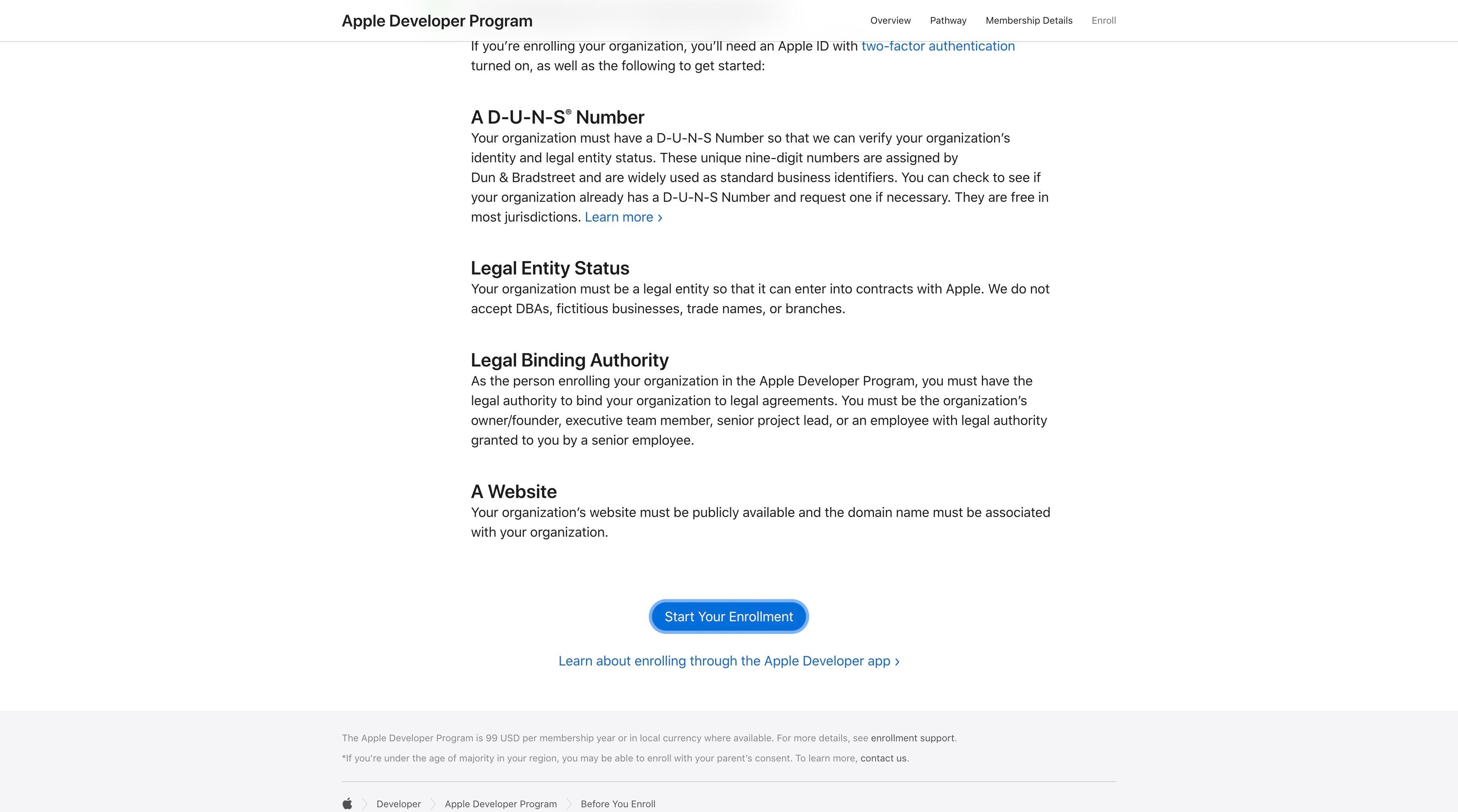 Pagina de start a înrolării în Apple Developer Program