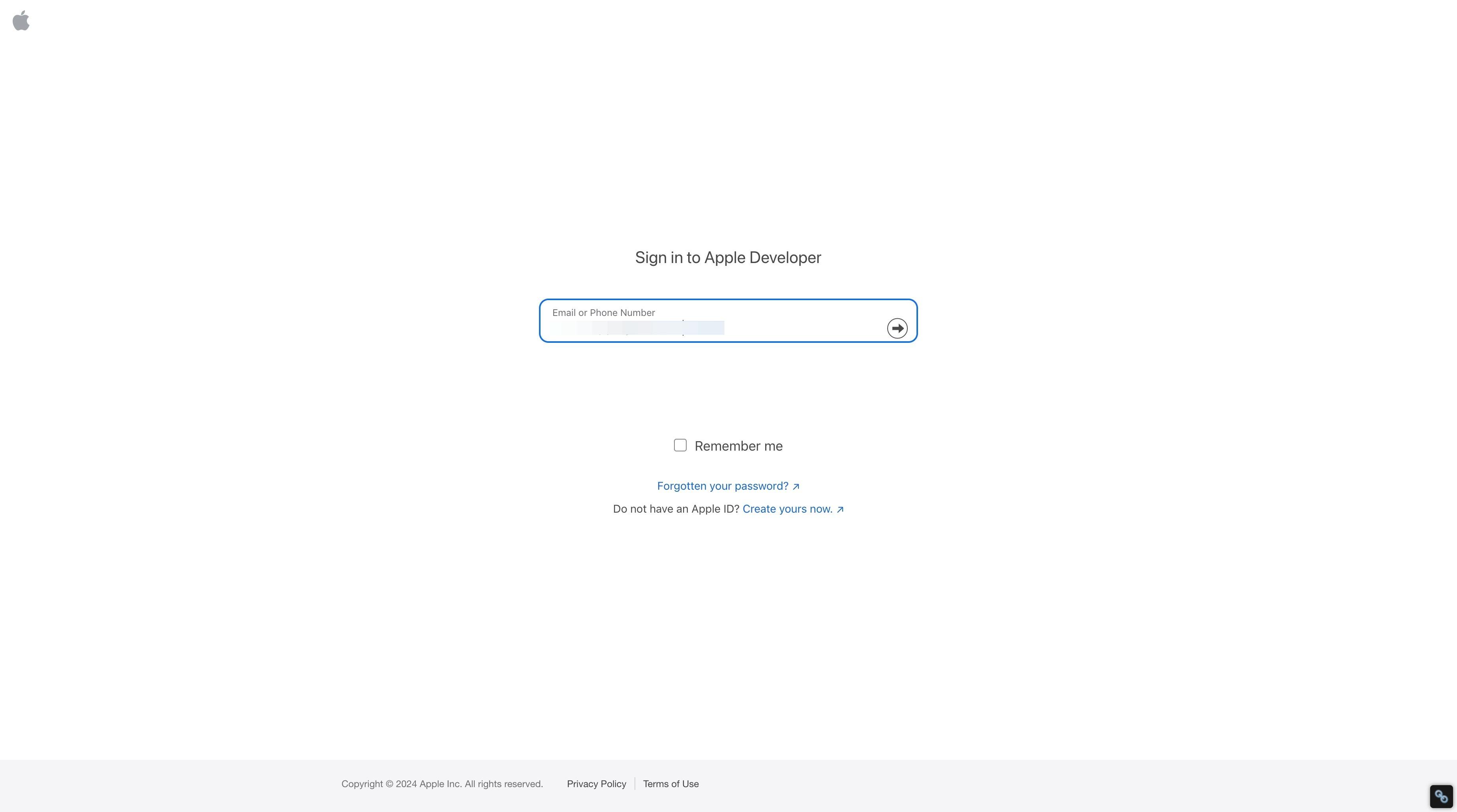 Ecranul de autentificare Apple Developer