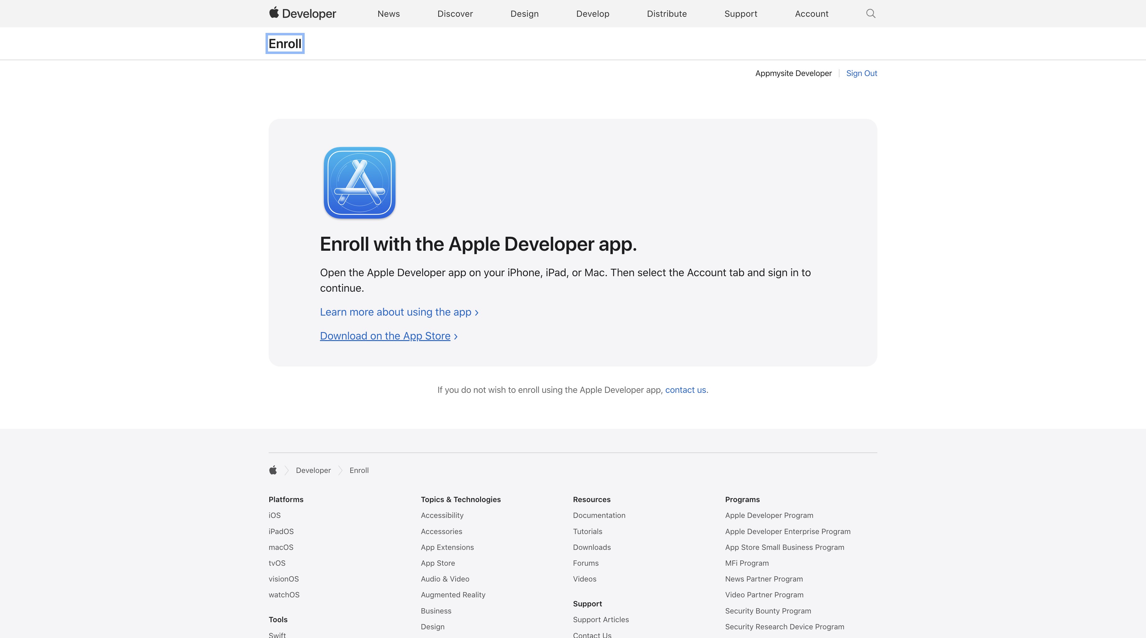 Pagina care indică înrolarea prin Apple Developer app