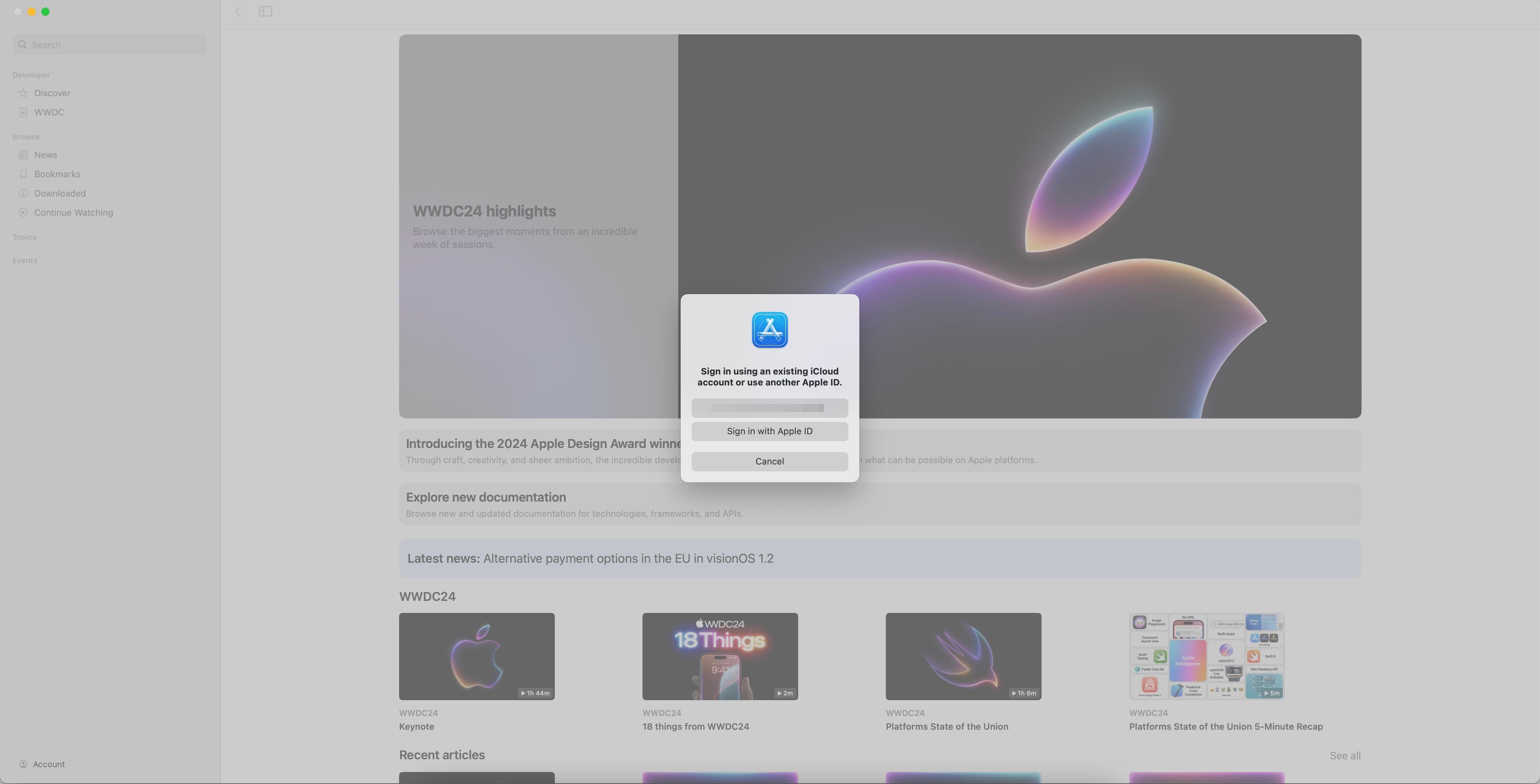 Dialogul de sign in din Apple Developer app