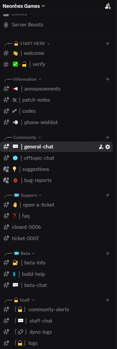 Lista de canale și categorii a unui server Discord de joc