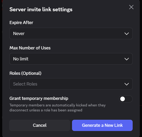Fereastra Server invite link settings din Discord