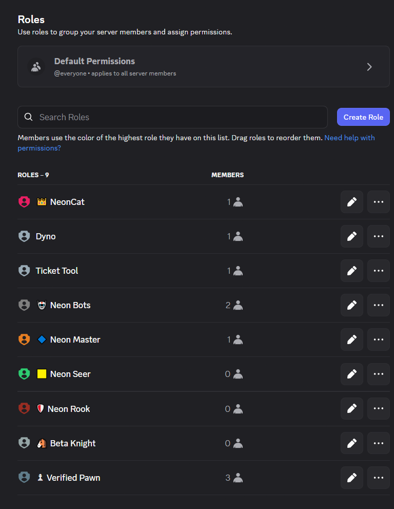 Ecranul Roles din setările unui server Discord