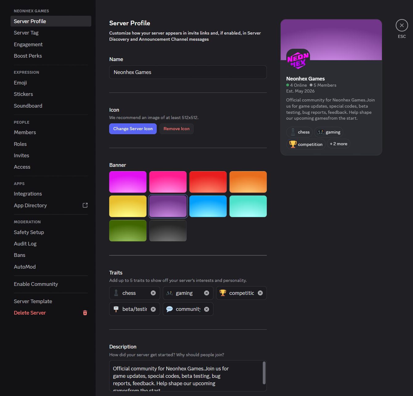 Ecranul Server Profile din setările Discord