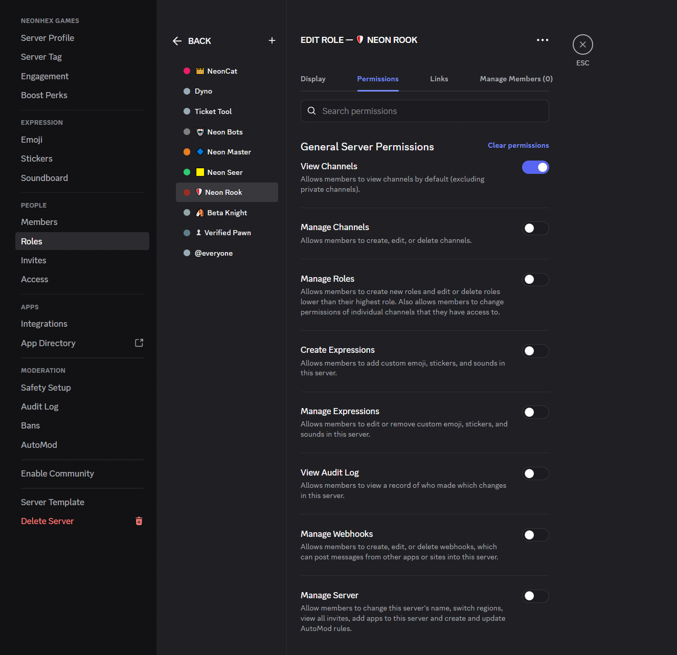 Ecranul de editare a permisiunilor unui rol în Discord