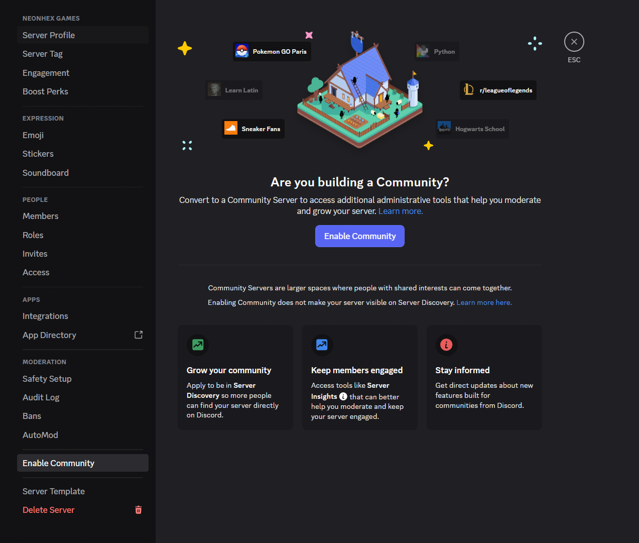 Ecranul Enable Community din setările Discord