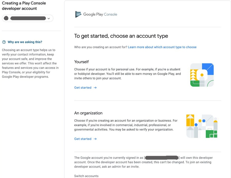 Ecranul de alegere a tipului de cont în Google Play Console
