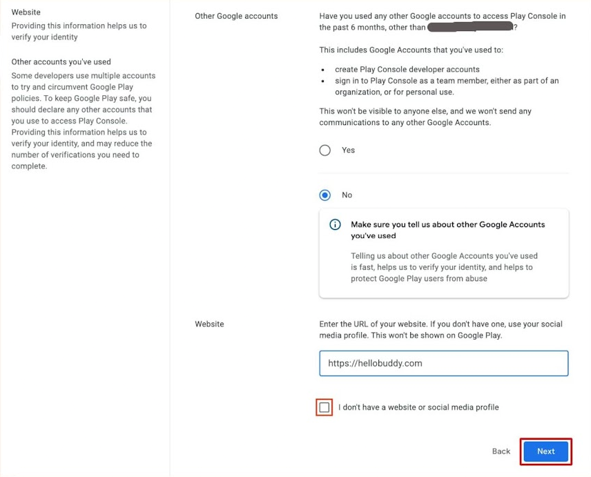 Ecranul cu alte conturi Google și website
