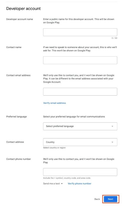 Formularul Developer account din Play Console