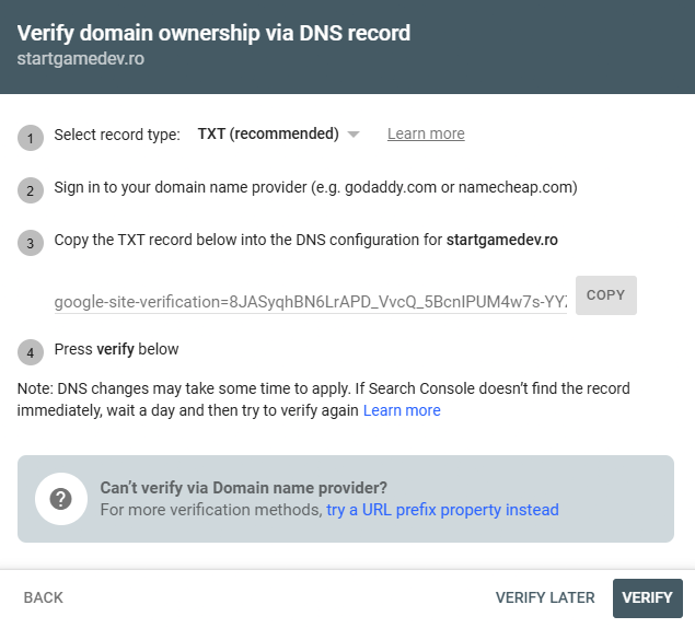Ecranul Google cu valoarea TXT de verificare a domeniului