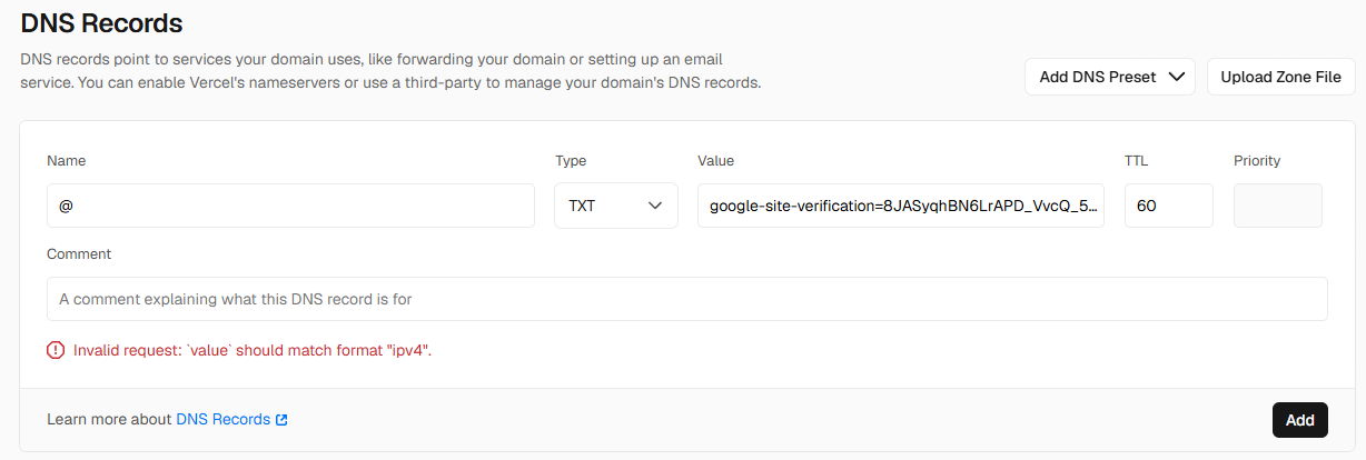 Formularul de adăugare a unui DNS record în Vercel