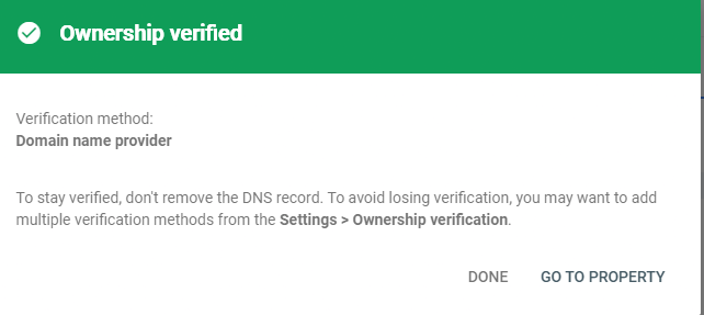 Confirmarea Ownership verified în Google Search Console