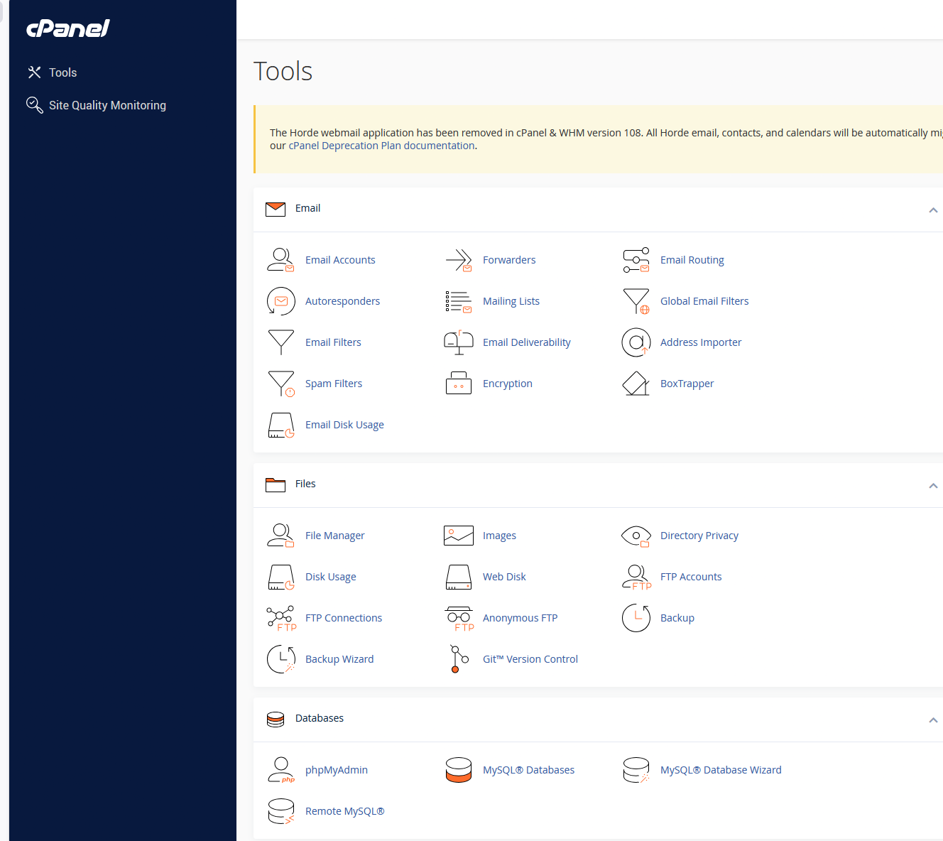 Panoul principal cPanel cu secțiunile de administrare