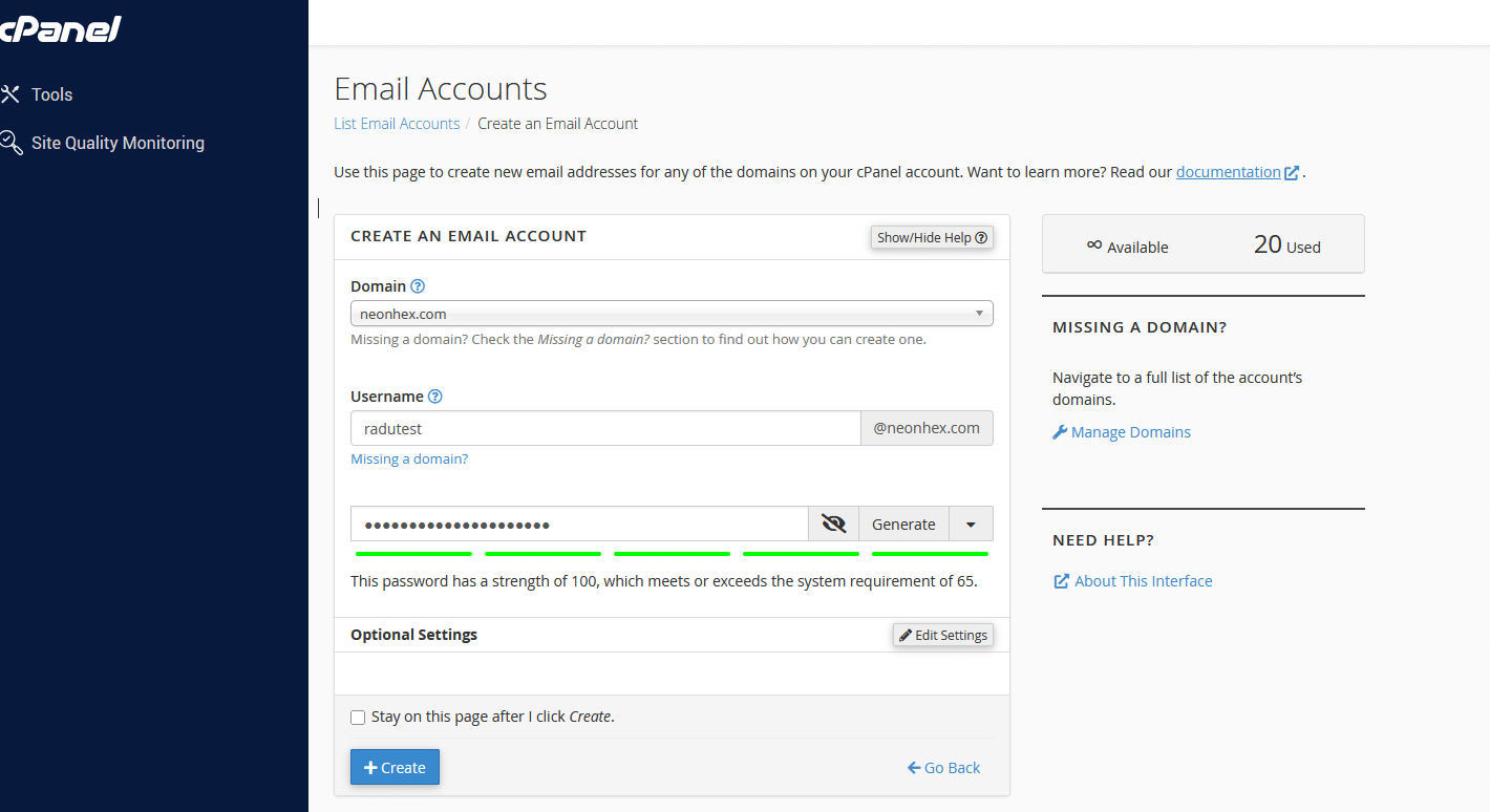 Formularul de creare a unui cont de email în cPanel