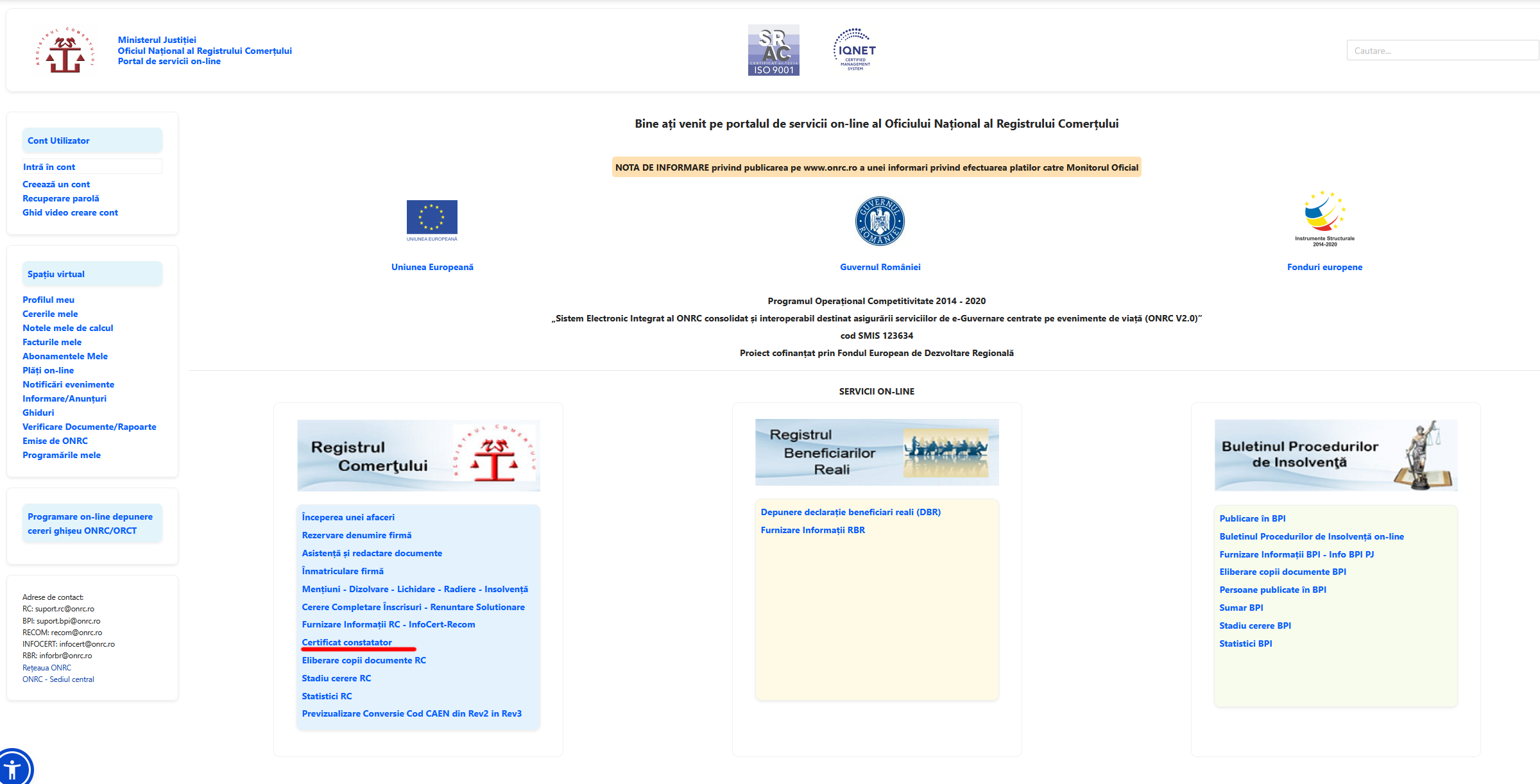 Consola portalului ONRC pentru obținerea certificatului constatator