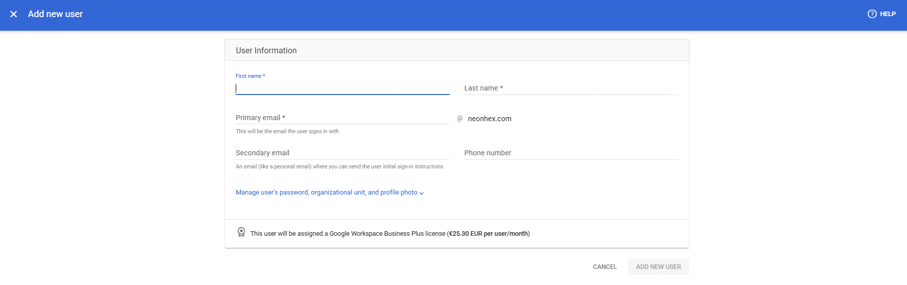 Formularul de adăugare a unui utilizator nou în Google Workspace