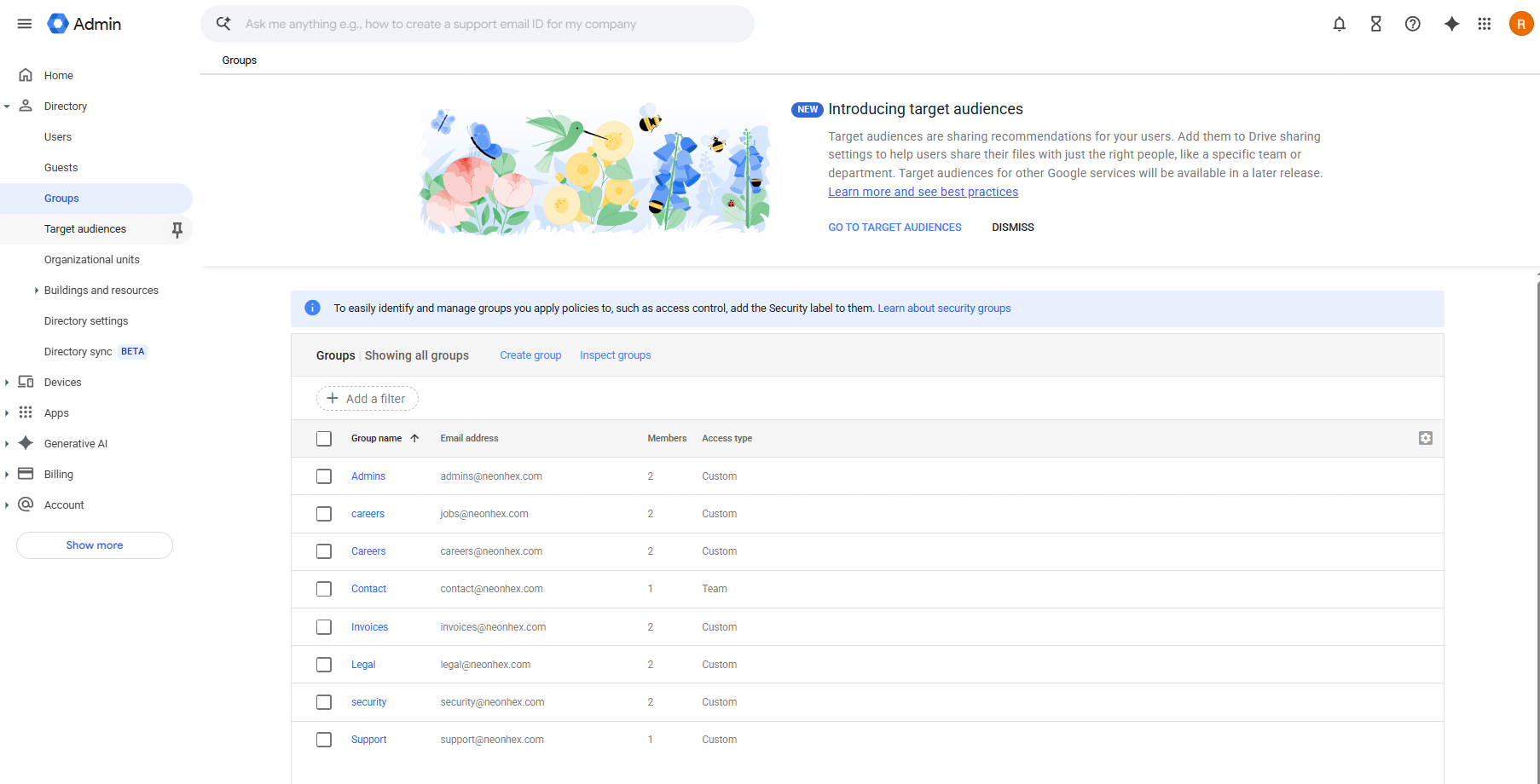 Secțiunea Groups din Google Workspace