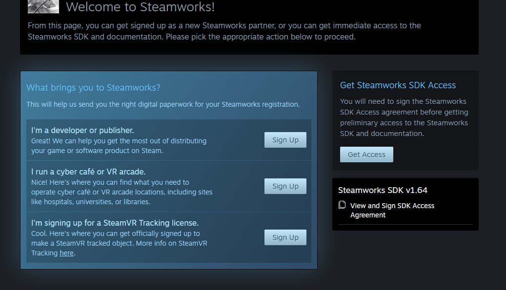 Ecranul de selecție a tipului de partener Steamworks