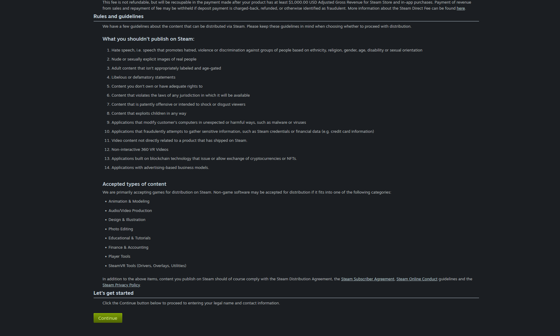Pagina cu taxa Steam Direct și regulile de conținut