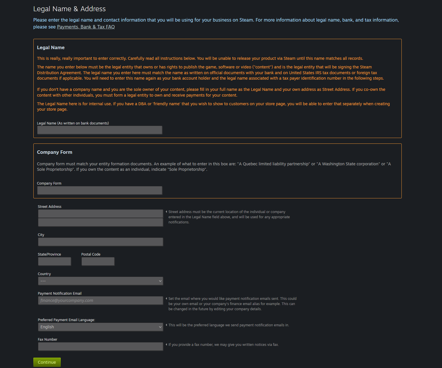 Formularul de nume legal și adresă Steamworks