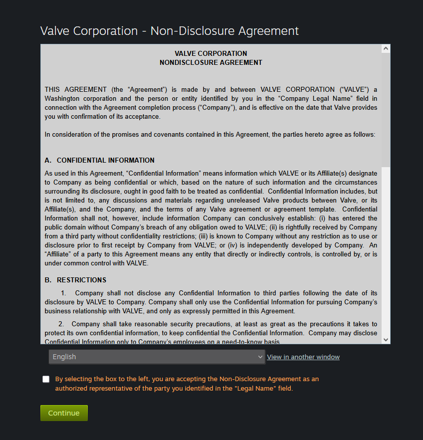 Pagina NDA Valve Corporation