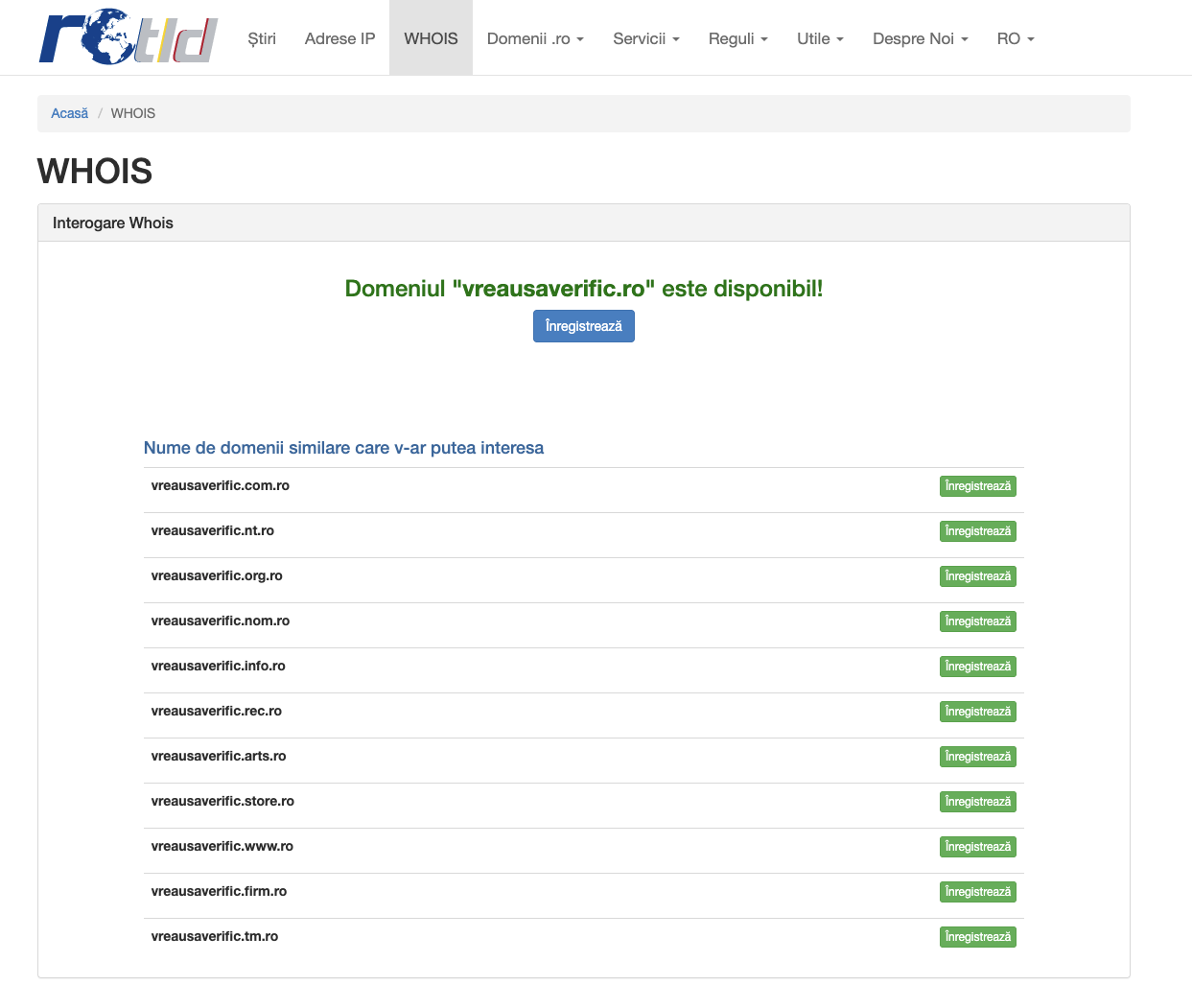 Pas de căutare a unui domeniu .ro la registrar