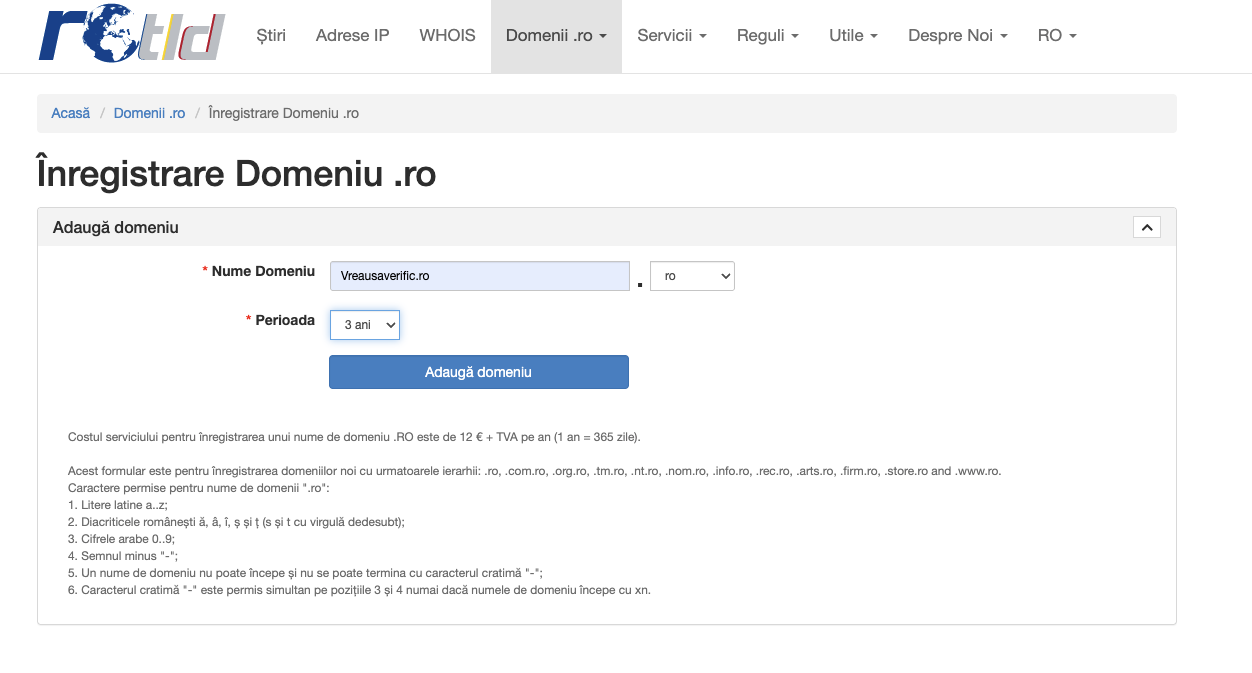Pas de finalizare a comenzii pentru un domeniu .ro