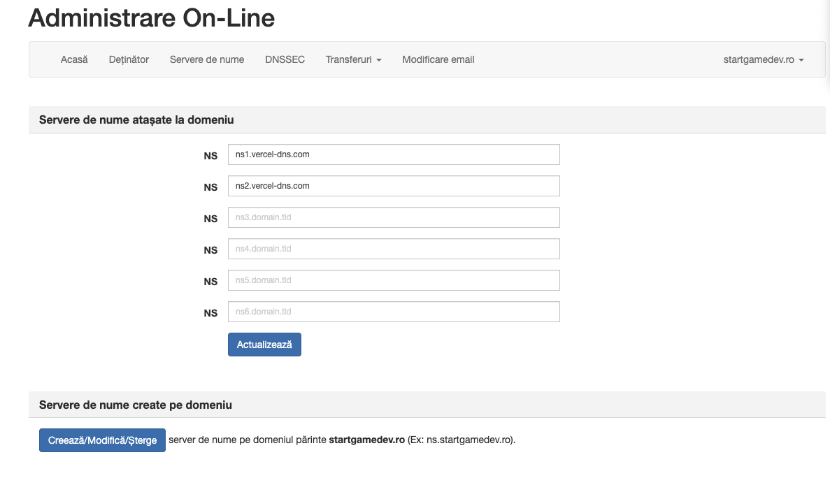 Instrucțiunile de DNS / nameservers afișate de Vercel